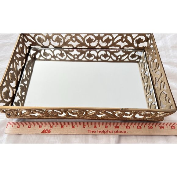 Footed Mirror Tray LG Gold Vanity Filigree Scroll Floral 14" x 9" x 3.5" LUXURY - Picture 13 of 15